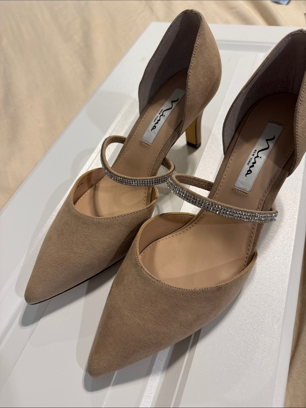 Nina Taupe Suede Pointed D'Orsay Pump with Crystal Strap